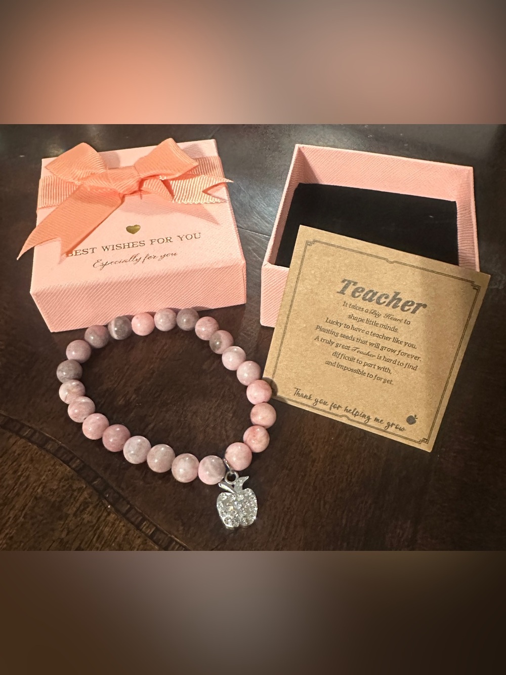 Pink Beaded Bracelet with Sparkling Apple Charm